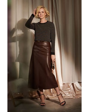 Brown Faux Leather High Waist Midi Skirt
