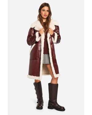 Faux Leather Teddy Trim Longline Aviator Jacket