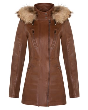 Womens Slim Fit Leather Hooded Parka Jacket-Northam