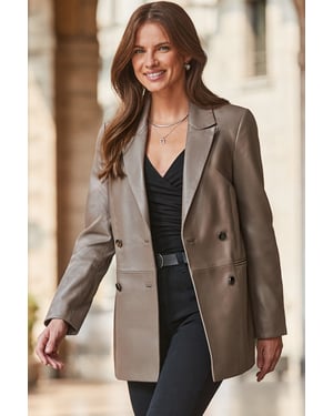 Taupe Leather Double Breasted Blazer