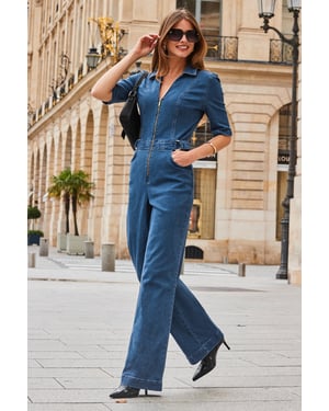 Dark Indigo Zip Front Wide Leg Denim Jumpsuit