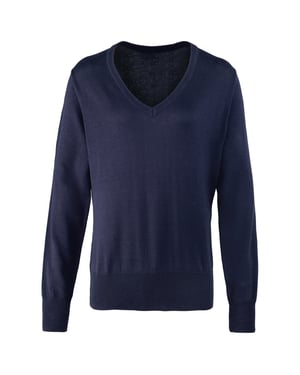 Premier Womens/Ladies Knitted Cotton Acrylic V Neck Sweatshirt (Navy)