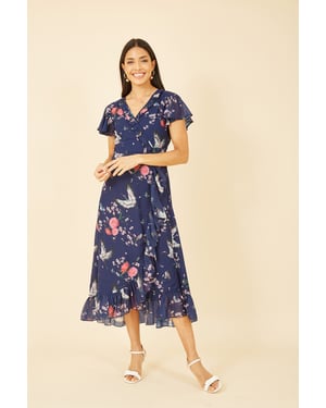 Navy Satin Crane Print Wrap Dress