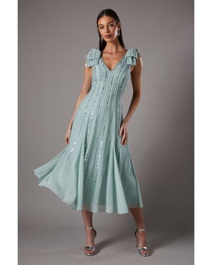 Bow Shoulder Embellished Midi Dress