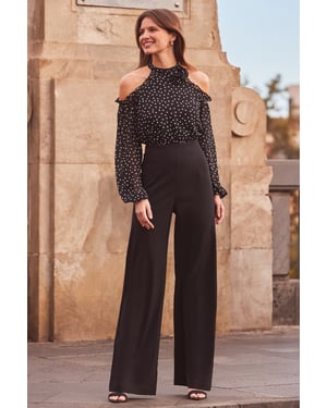 Black Spot Print Corsage Detail Cold Shoulder Two Part Jumpsuit
