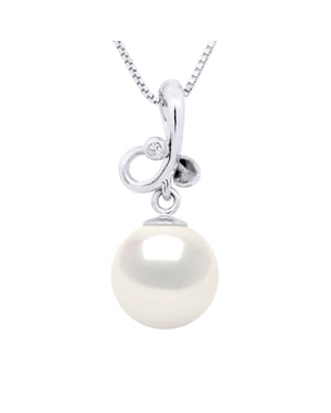 Hanger DRIELOOP Wit Goud Diamant 0,010 Cts - Echte Gecultiveerde Zoutwater Parel Rond 9-10 mm