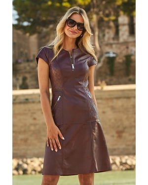 Burgundy Leather Quilt Detail Zip Front Fit & Flare Dress