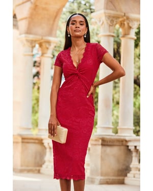 Raspberry Pink Short Sleeve Lace Jersey Dress