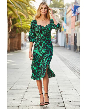 Black & Green Heart Print Sweetheart Neckline Midi Dress