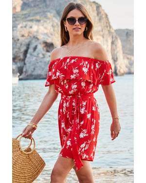 Red Floral Print Ruffle Detail Bardot Playsuit