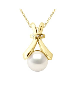 Halsband Smycken Diamant 0.01Cts gult guld och äkta odlad sötvattenspärla Knapp 6-7 mm