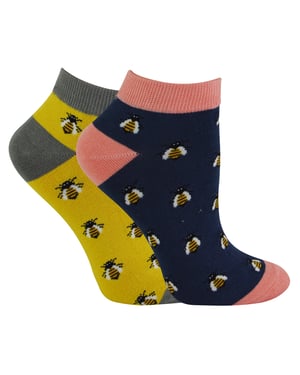 2 Pair Multipack Ladies Bamboo Trainer Socks | Miss Sparrow | Breathable Novelty Animal Patterns Socks - Honey Bees