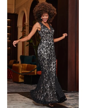 Black Premium Lace Ruffle Hem Maxi Dress