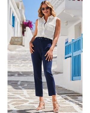 Navy Blue Tapered Leg Trousers With Belt
