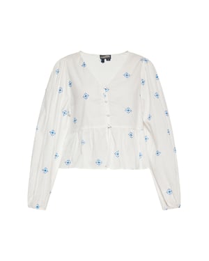 Dreimaster Blouse Dames Wol Wit Blauw