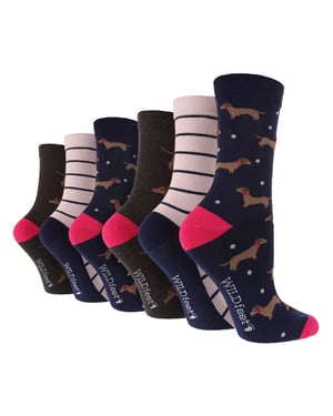 6 Pack Ladies Fun Design Socks | Wildfeet | Cute Novelty Animal Pattern Socks - Dashchund