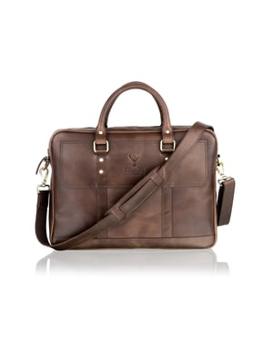 Woodland Leather Brown Landscape Tote Style Satchel Briefcase Central Zip 16.0" Top Zip Pocket