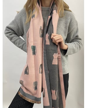 Cat Printed Scarf in Pink & Grey - Wool Blend