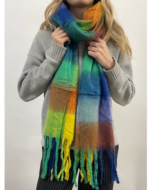 Soft Chunky Checked Scarf with Tassels in Blue Multi