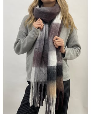 Soft Chunky Checked Scarf with Tassels - Muted Browns