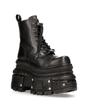 New Rock Metallic Black Leather Military Boots- MILI083CCT-C4