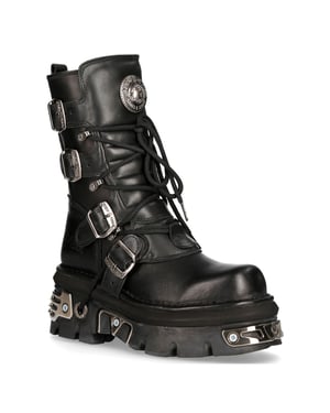 New Rock Unisex Black Leather Gothic Mid-Calf Boots-373-S4