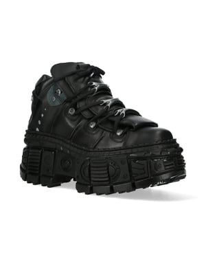 New Rock Metallic Ankle Svart läderstövlar-WALL106-S12