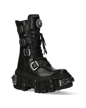 New Rock Black Mid Calf Leather Goth Boots-WALL1473-S11