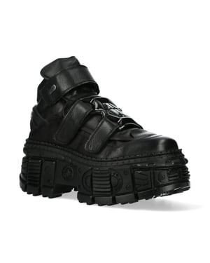 New Rock Metallic Ankle Svart läderstövlar-WALL285-S2