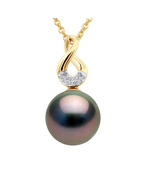 Pendant Eight Diamonds 0,03 Cts  - Quality HSI - Yellow Gold - Real Cultured Tahiti Pearl Round 9-9 mm