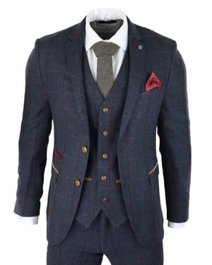 Mens Herringbone Tweed Suit 3 Piece Navy Blue Peaky Blinders 1920s Tailored Fit