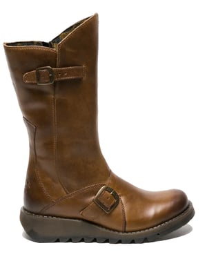 Fly London Dames Camel MES 2 Wedge Heel Buckle Mid-Calf Leren Zip Platform Laarzen