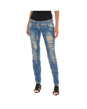 Long Denim Pants worn and torn effect 10DB50128 woman