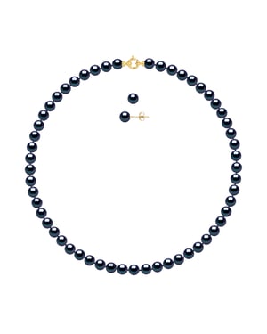 DIADEMA - Set - Necklace/Earrings - Real Freshwater Pearls - Black Tahitian Style - Yellow Gold
