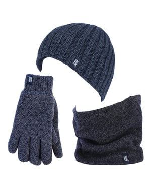 Heat Holders - Thermal Winter Fleece Cable Knit Hat, Neck Warmer and Gloves set for Men - Navy