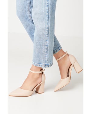 Blanche Ankle Strap Pointed High Block Heel Court Shoes