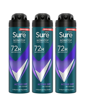 Sure Men Nonstop Protection 72H Anti-Perspirant Deodorant Active Dry 150ml, 3pk