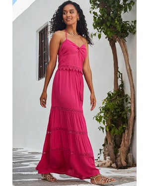 Pink Lace Detail Tiered Hem Maxi Skirt