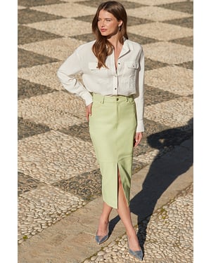 Powder Green Leather Pencil Midi Skirt