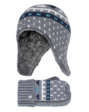 Heat Holders - Boys Outdoor Faux Fur Pom Pom Hat with Ear Flaps & Mittens Gloves - Pebble Melange