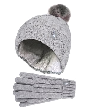 Heat Holders - Flickor Bobble Pom Pom Mössa och Handskar Set | Turn Over Cuff Mössa & Kabelstickade Handskar Stil - Frost Grey Melange