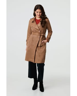Brown Suede Tie Waist Button Front Trench Coat