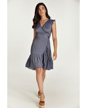 Blå Denim Stil Wrap Klänning