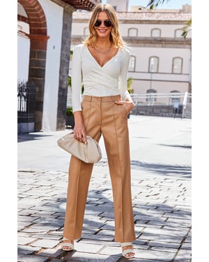 Tan Faux Leather Wide Leg Trousers