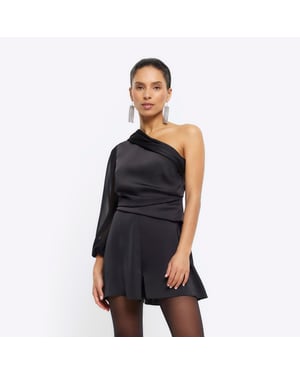 River Island Womens Playsuit Petite Black Satin One Shoulder