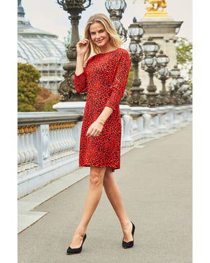 Red Leopard Print Shirred Sleeve Shift Dress