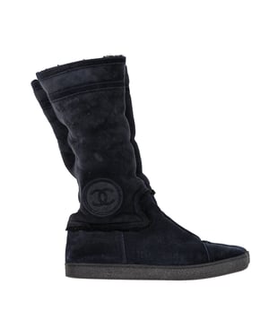 Chanel CC Logo Shearling Boots in Navy Blue Suede