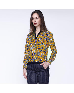 Satin Col-V Blouse en bladeren print
