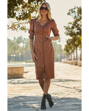 Tan Faux Leather Popper Front Pencil Dress With Pockets