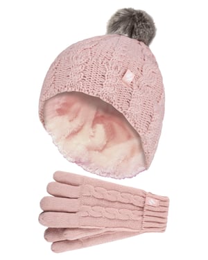 Värmehållare - Set med mössa och handskar i Bobble Pom Pom för flickor | Mössa med vändbar manschett och kabelstickade handskar - Dusky Pink